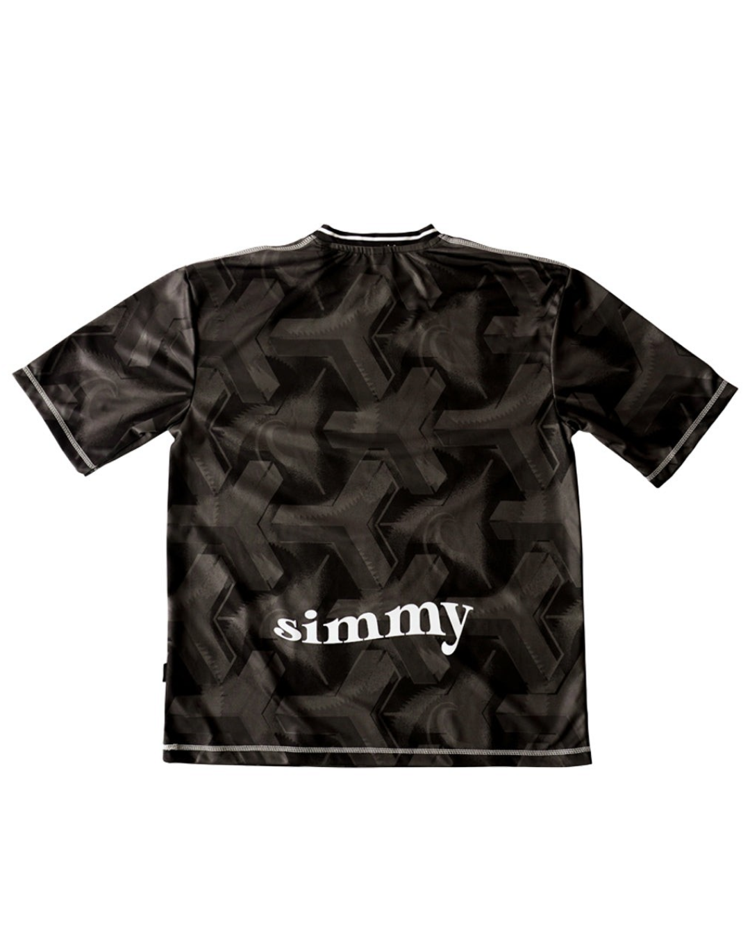 Back view of SIMMY black oversized jersey featuring a bold geometric graphic pattern and white brand logo text.