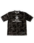 SIMMY black oversized jersey featuring Brave New World graphic, woven patch, and breathable streetwear design.