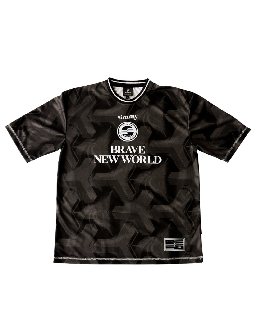 SIMMY black oversized jersey featuring Brave New World graphic, woven patch, and breathable streetwear design.