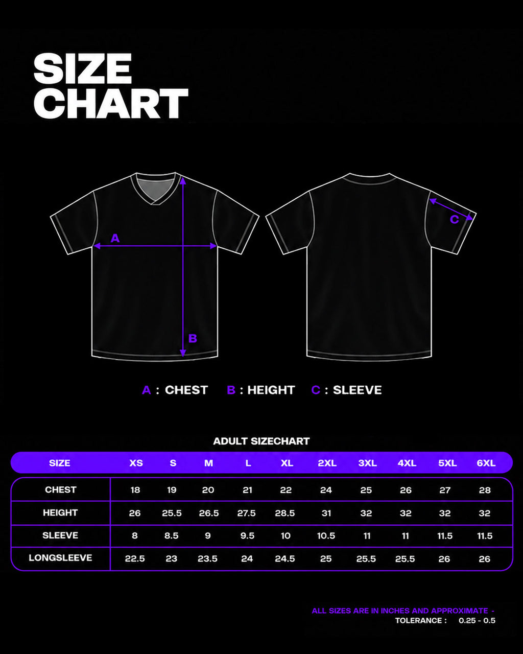 SIMMY EVRYDAY running jersey size chart showing chest, height, and sleeve measurements for unisex adult sizing