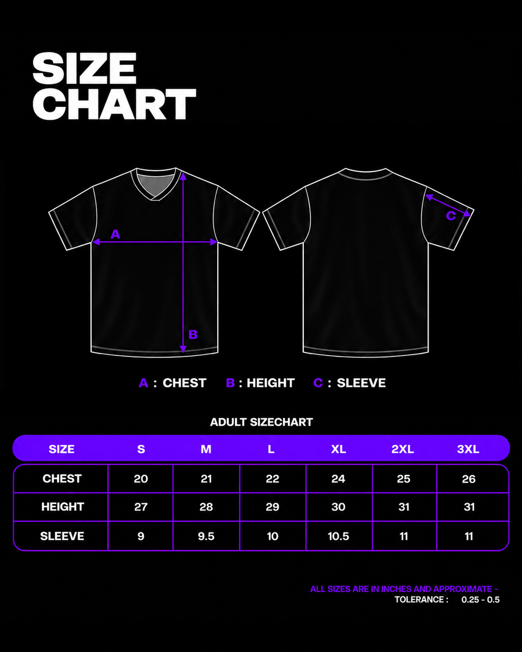 SIMMY size chart for oversized jersey showing chest, height, and sleeve measurements in inches for sizes S to 3XL